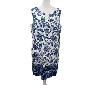 London Times Blue and White Floral Sleeveless Shift Dress. Size 12. Notched Neck